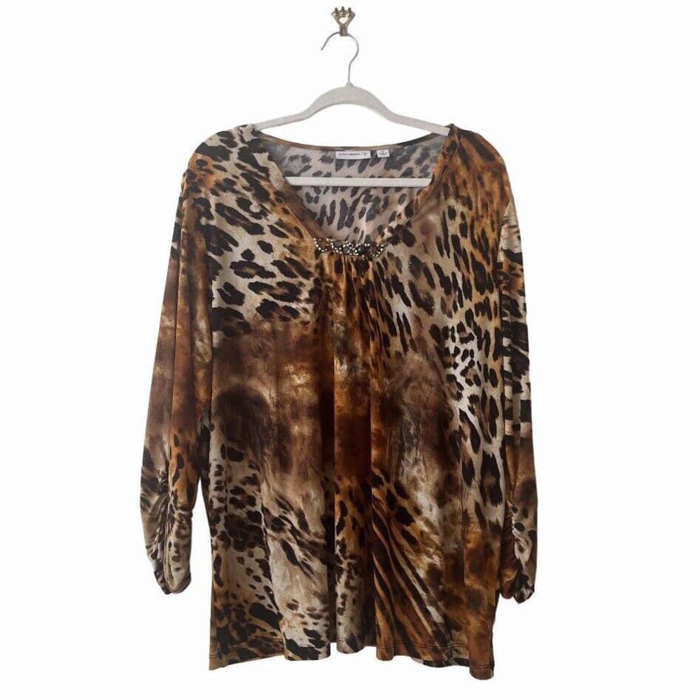 Susan Graver Artisan Women's Size XL Beaded V-neck Animal‎ Print Blouse Top